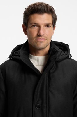Parka de lana jaspeada con relleno de plum&oacute;n y capucha desmontable, Negro