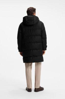 Parka de lana jaspeada con relleno de plum&oacute;n y capucha desmontable, Negro