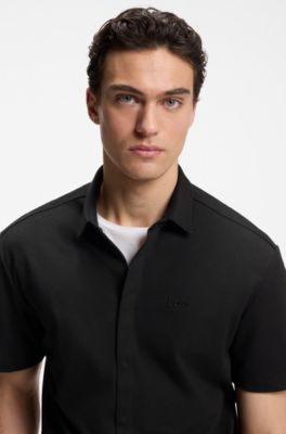 Regular-fit shirt in stretch-cotton pique, Black