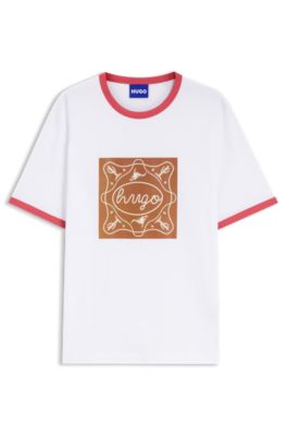 Sharp-fit ringer T-shirt in cotton with graphic print, White