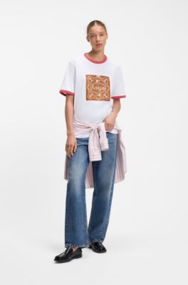 Camiseta de algod&oacute;n de ajuste impecable con ribetes y estampado gr&aacute;fico, Blanco