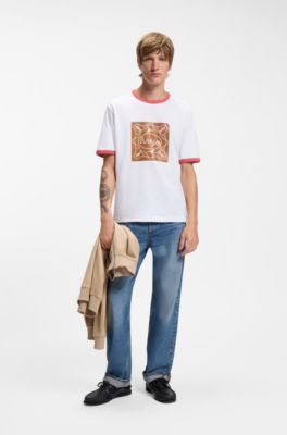 Sharp-fit ringer T-shirt in cotton with graphic print, White