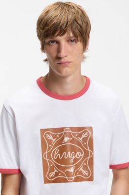 Sharp-fit ringer T-shirt in cotton with graphic print, White