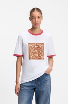 Camiseta de algod&oacute;n de ajuste impecable con ribetes y estampado gr&aacute;fico, Blanco