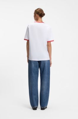 Camiseta de algod&oacute;n de ajuste impecable con ribetes y estampado gr&aacute;fico, Blanco