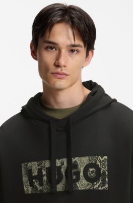 Prenda con capucha en felpa de algod&oacute;n con gr&aacute;fico de logo, Negro