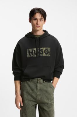 Prenda con capucha en felpa de algod&oacute;n con gr&aacute;fico de logo, Negro