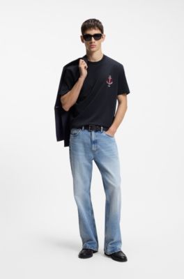 Cotton-jersey T-shirt with sailing artwork, Dark Blue