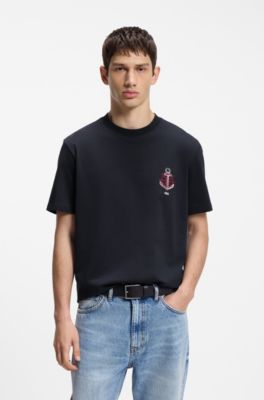 Cotton-jersey T-shirt with sailing artwork, Dark Blue