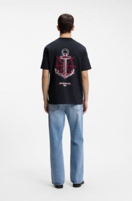 Cotton-jersey T-shirt with sailing artwork, Dark Blue