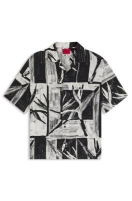Camisa oversize fit estampada con cuello cubano, Negro