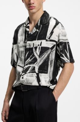 Oversized-fit printed shirt with camp collar, Black