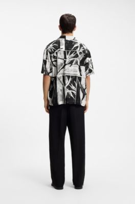 Oversized-fit printed shirt with camp collar, Black