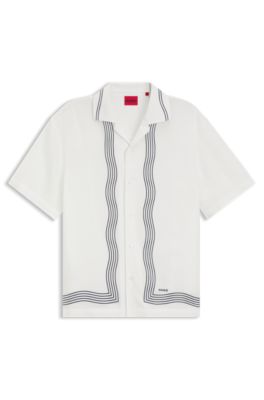 Camisa oversize fit estampada con cuello cubano, Blanco