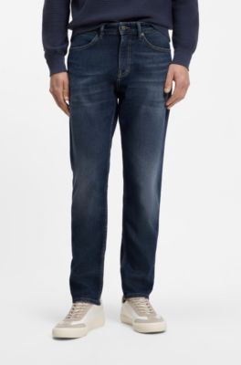 Vaqueros tapered fit de algod&oacute;n el&aacute;stico con puntadas en contraste, Azul