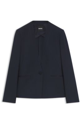 Regular-fit collarless blazer in performance-stretch jersey, Dark Blue