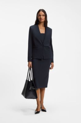 Regular-fit collarless blazer in performance-stretch jersey, Dark Blue