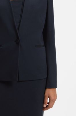 Regular-fit collarless blazer in performance-stretch jersey, Dark Blue