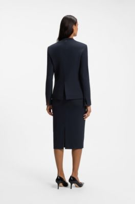 Regular-fit collarless blazer in performance-stretch jersey, Dark Blue
