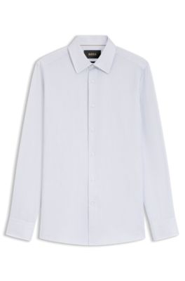 Slim-fit shirt in striped Italian-made cotton, Dark Blue