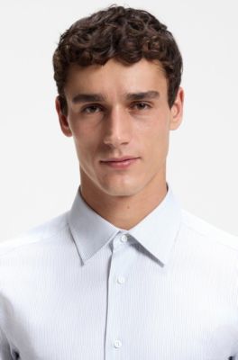 Slim-fit shirt in striped Italian-made cotton, Dark Blue