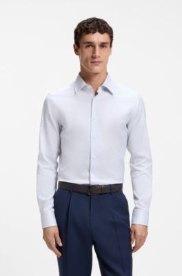 Camisa slim fit a rayas de algod&oacute;n hecho en Italia, Azul oscuro