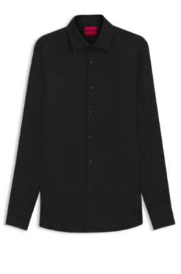 Slim-fit business shirt in soft garment-washed fabric, Black