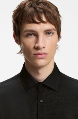 Slim-fit business shirt in soft garment-washed fabric, Black