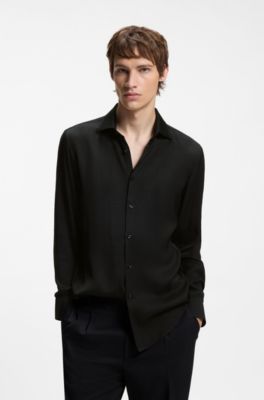 Slim-fit business shirt in soft garment-washed fabric, Black