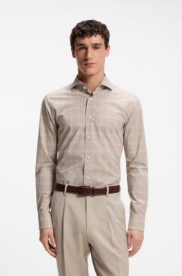 Camisa slim fit de algod&oacute;n italiano a cuadros, Beige claro