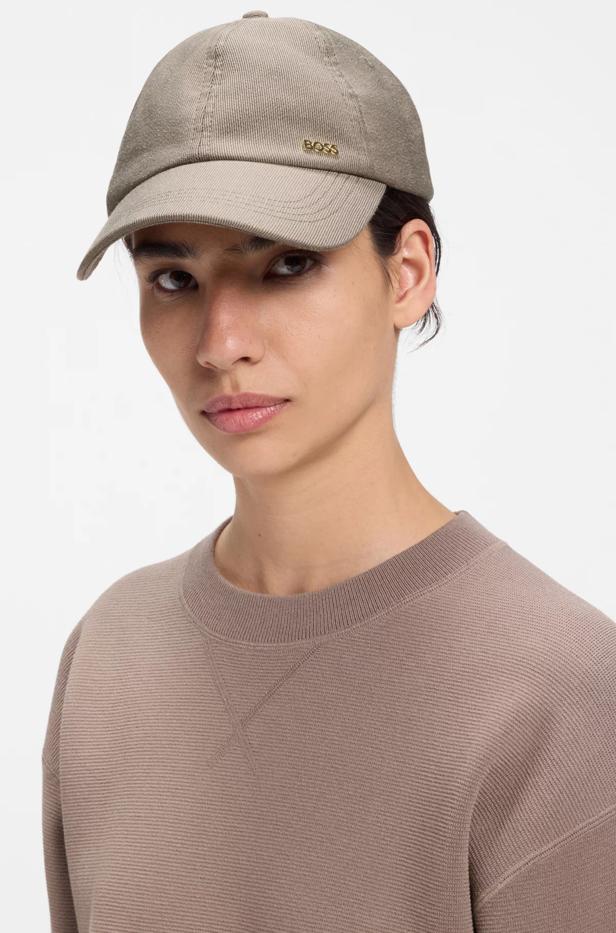 Casquette en velours côtelé en coton mélangé à logo en métal, Marron