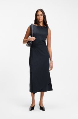 Slim-fit checked jersey dress with belt, Dark Blue