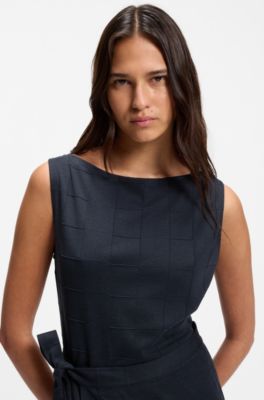Slim-fit checked jersey dress with belt, Dark Blue