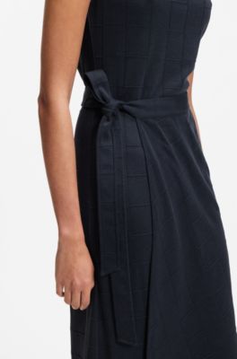 Slim-fit checked jersey dress with belt, Dark Blue