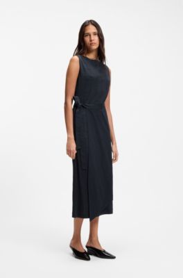 Slim-fit checked jersey dress with belt, Dark Blue