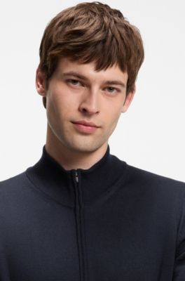 Zip-up sweater in merino wool, Dark Blue