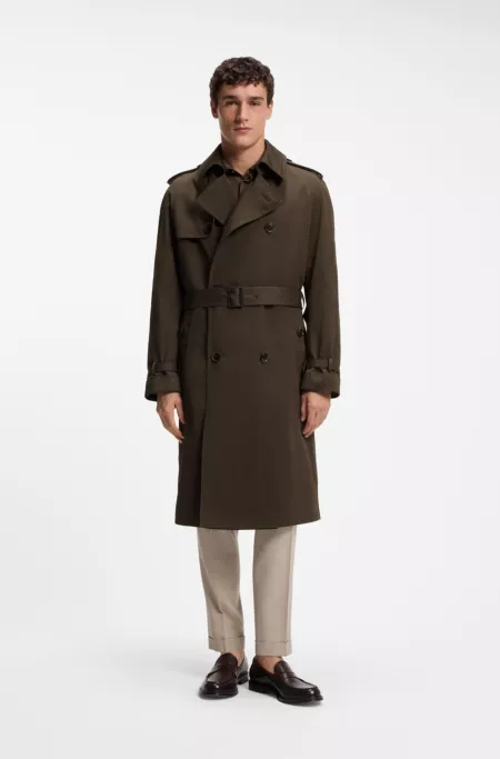 Double-breasted trench coat in cotton and silk
