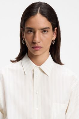 Relaxed-fit blouse in striped cotton poplin, Light Beige