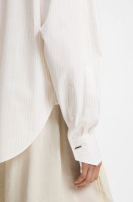 Relaxed-fit blouse in striped cotton poplin, Light Beige