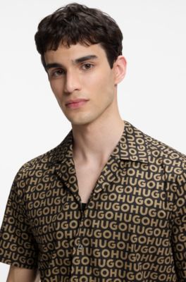 Relaxed-fit shirt in printed cotton canvas, Beige