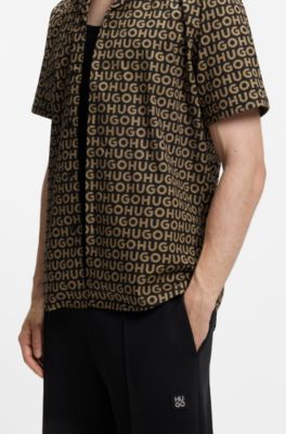 Relaxed-fit shirt in printed cotton canvas, Beige