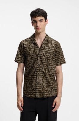 Relaxed-fit shirt in printed cotton canvas, Beige