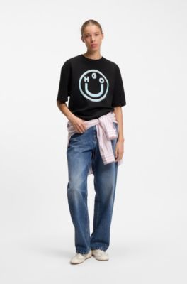 Camiseta de punto de algod&oacute;n con estampado gr&aacute;fico, Negro