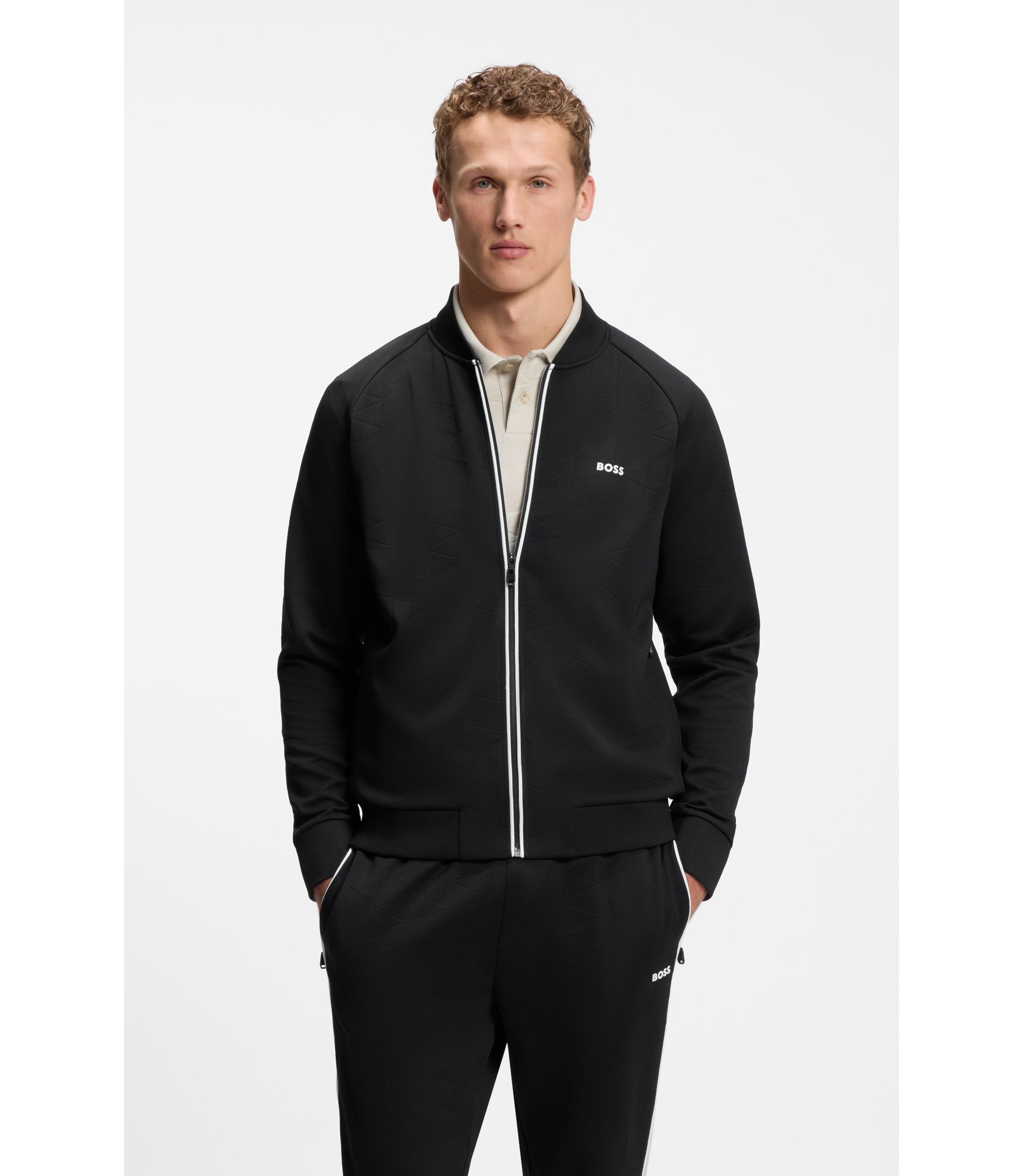 BOSS - Triangle-jacquard zip-up sweatshirt with rubberized logo