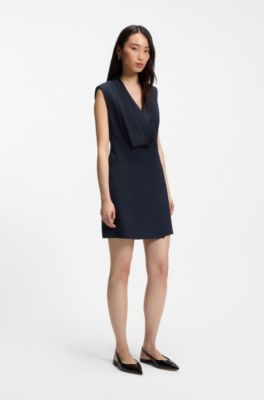 Vestido estilo esmoquin con solapa drapeada, Azul oscuro
