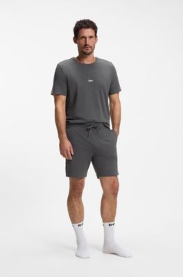 Short de pyjama en coton stretch avec finitions &agrave; rayures embl&eacute;matiques, Gris