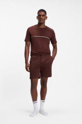 Stretch-cotton pajama shorts with signature-stripe trims, Brown