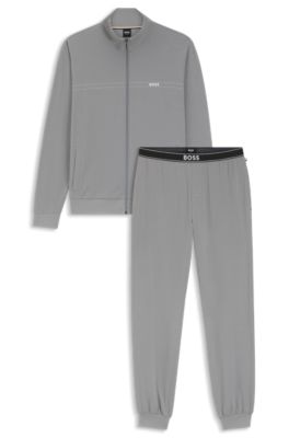 Stretch-cotton loungewear set with logo print, Light Grey