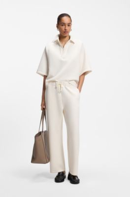 Pantalones relaxed fit de pernera tipo barrel en punto de buzo de doble capa, Blanco