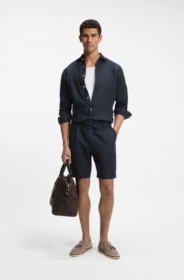 Shorts tapered fit de lino, Azul oscuro